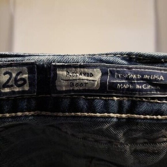 Miss Me Relaxed Bootcut Denim Jeans Blue Rhinestone Pockets Womens Size 26 - Picture 2 of 12